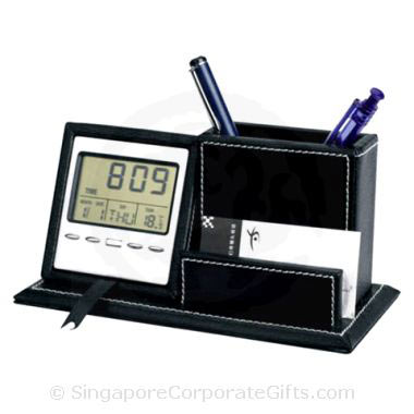 Leather Pen Holder with Clock and Namecard Holder