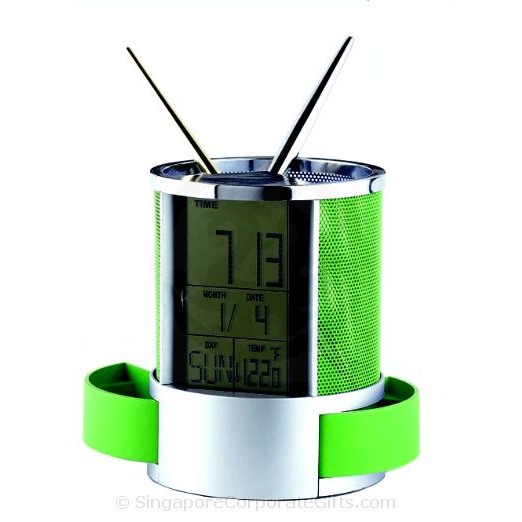 Penholder with Clock, Thermometer and Calendar with side compart